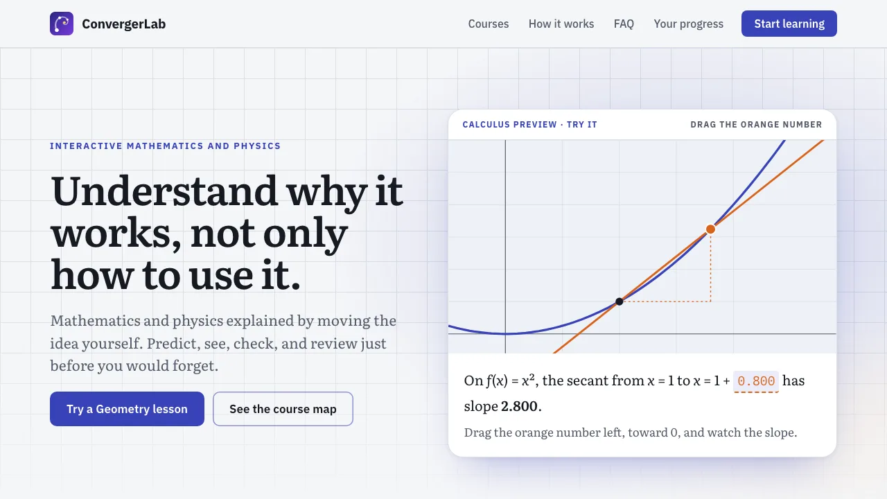 The ConvergerLab home page: a calculus preview where dragging an orange number moves a secant line toward the tangent of x squared