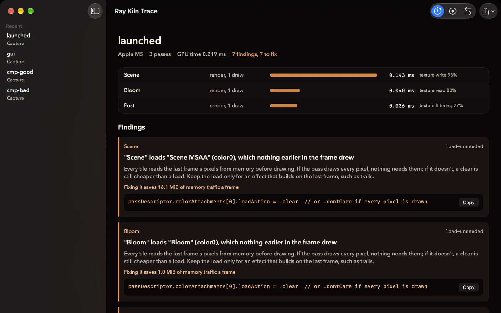 Ray Kiln Trace on a Mac: a captured frame's three passes with their GPU times and limiters, then its findings, each saying what the pass does that nothing needs, how much memory traffic fixing it saves, and the line of Swift that fixes it