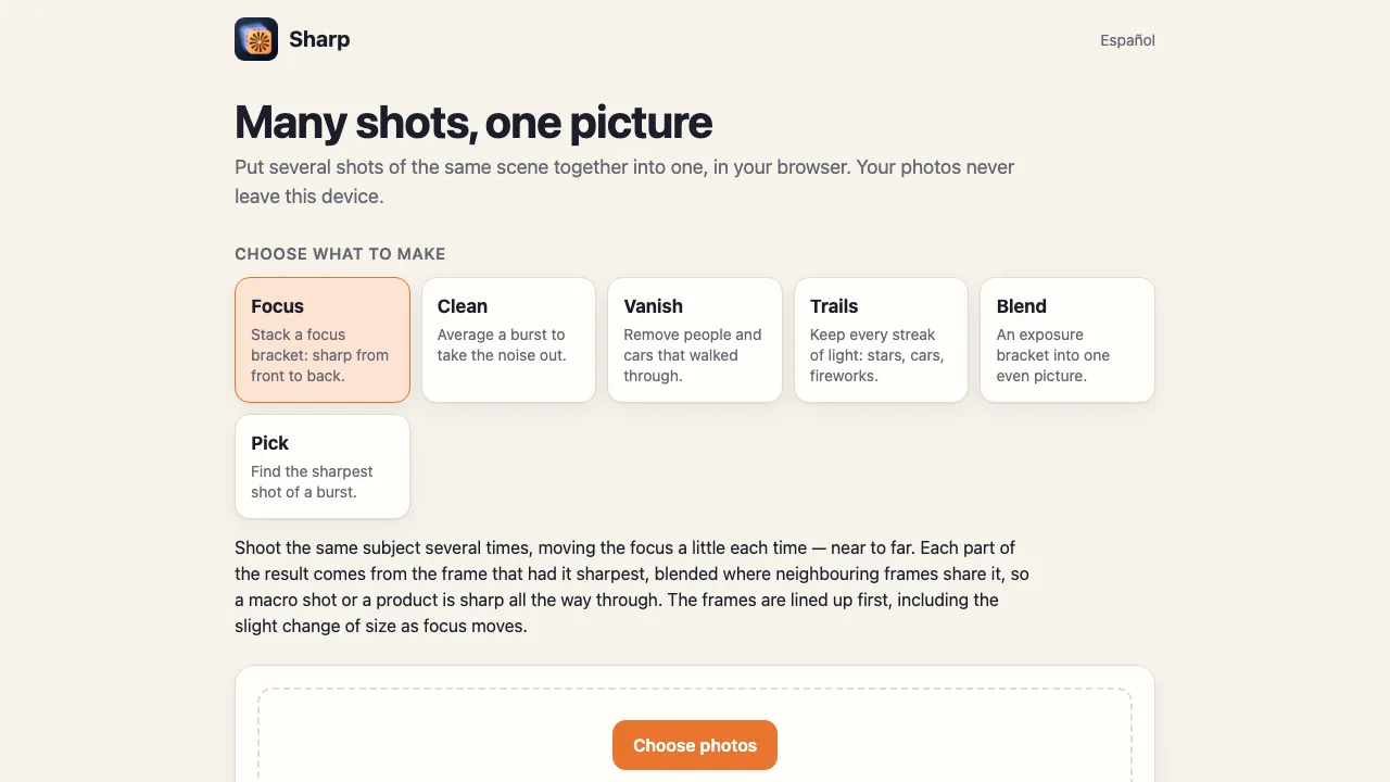 sharpmerge.com in a browser: Many shots, one picture, with cards for Focus, Clean, Vanish, Trails, Blend and Pick above a Choose photos button