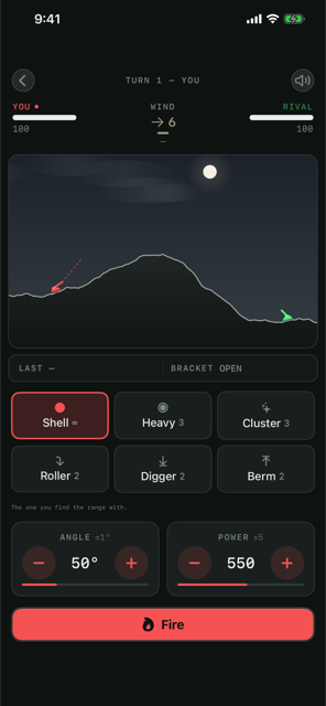 The opening of a match: a generated hill between the two tanks, the wind gauge above and the six shells below