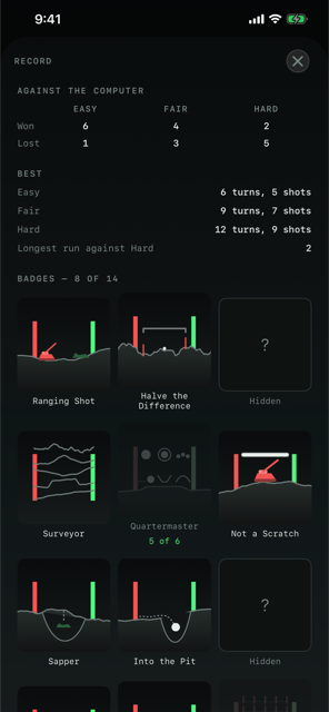 The record screen: matches won and lost against each opponent, personal bests, and the fourteen badges with the unearned ones dimmed