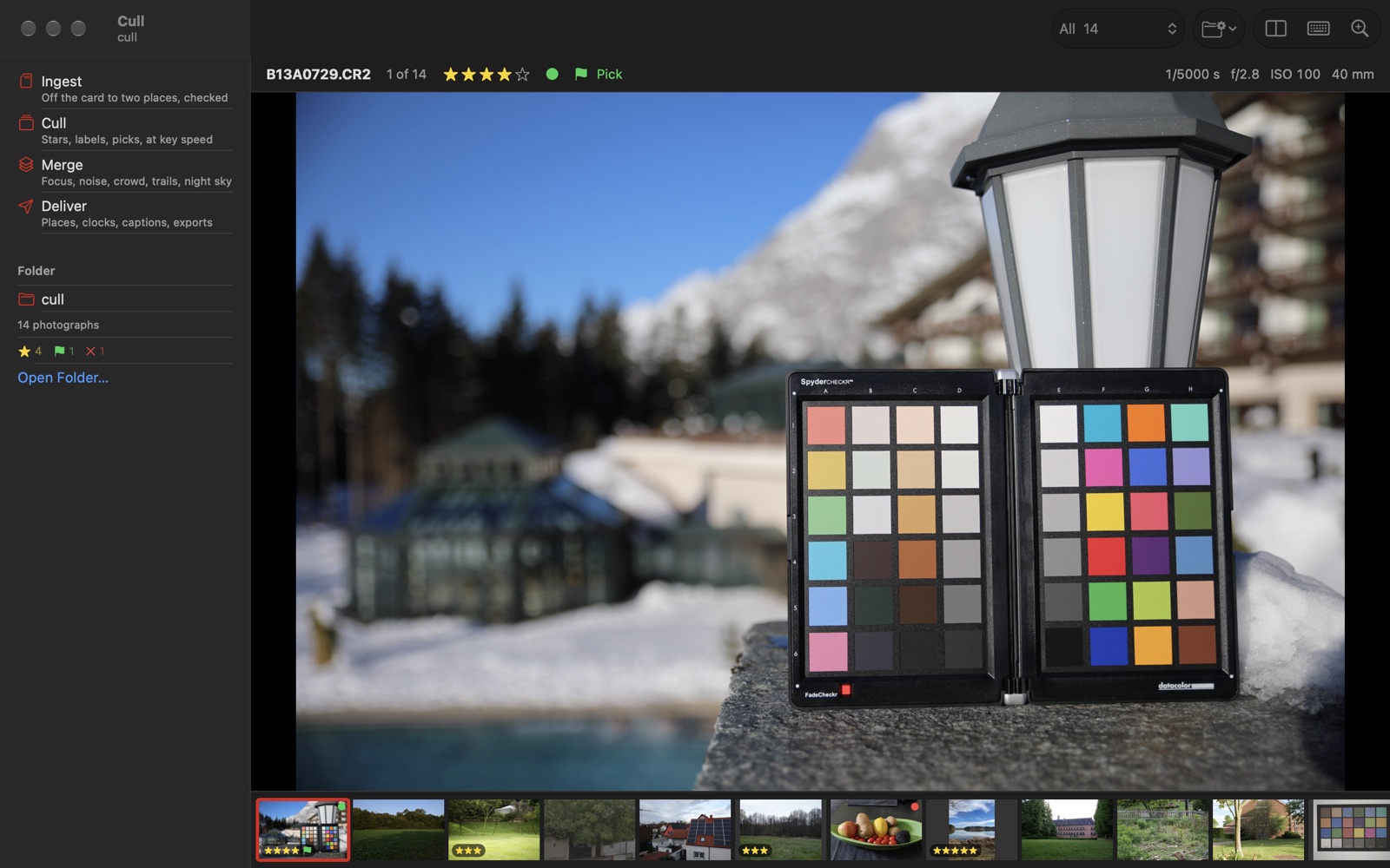 Chinagraph's Cull on a folder of RAW files from fourteen cameras: the camera's own preview large, the file's stars and label above it, and a strip of the folder below