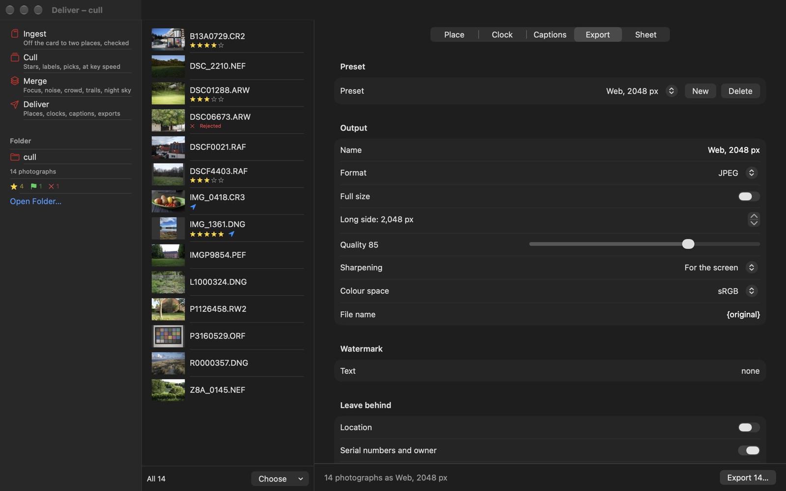 Deliver: an export preset beside the folder's photographs, with their stars and positions
