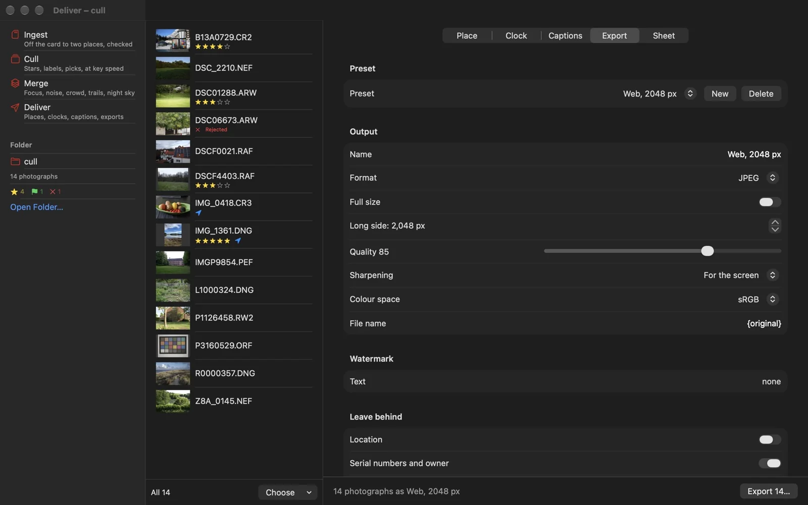 Deliver: an export preset beside the folder's photographs, with their stars and positions