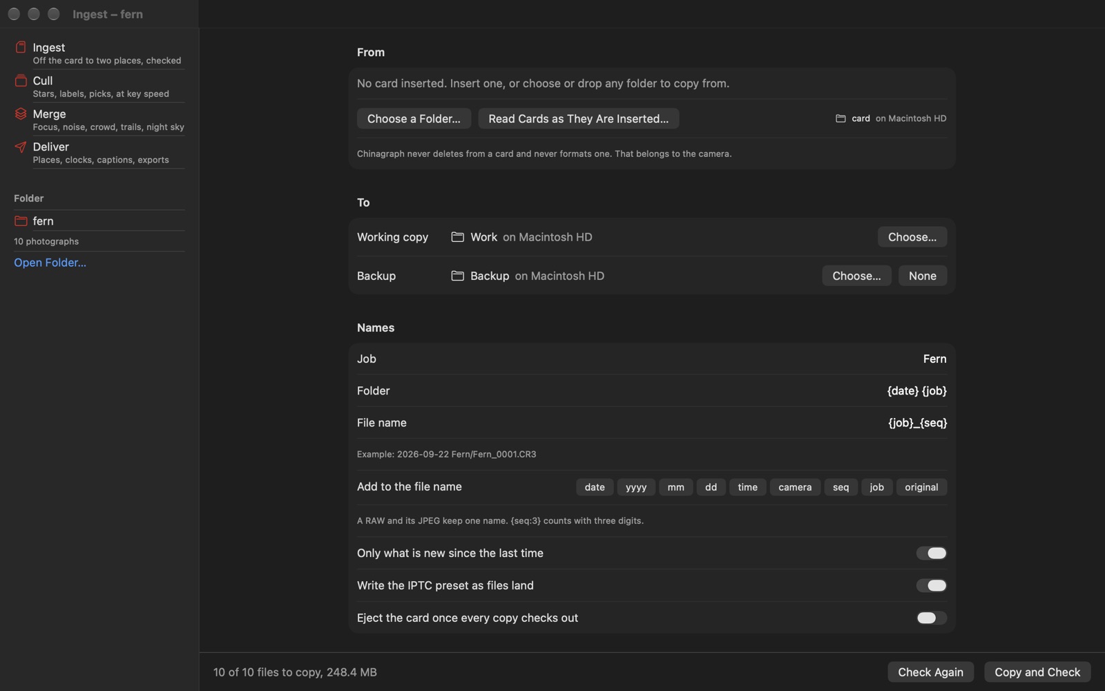 Ingest: a card planned to a working copy and a backup, with the folder and file name templates and the first renamed files