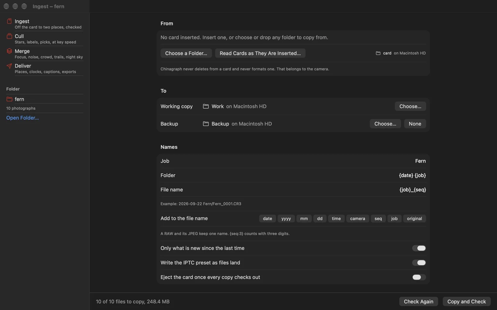 Ingest: a card planned to a working copy and a backup, with the folder and file name templates and the first renamed files