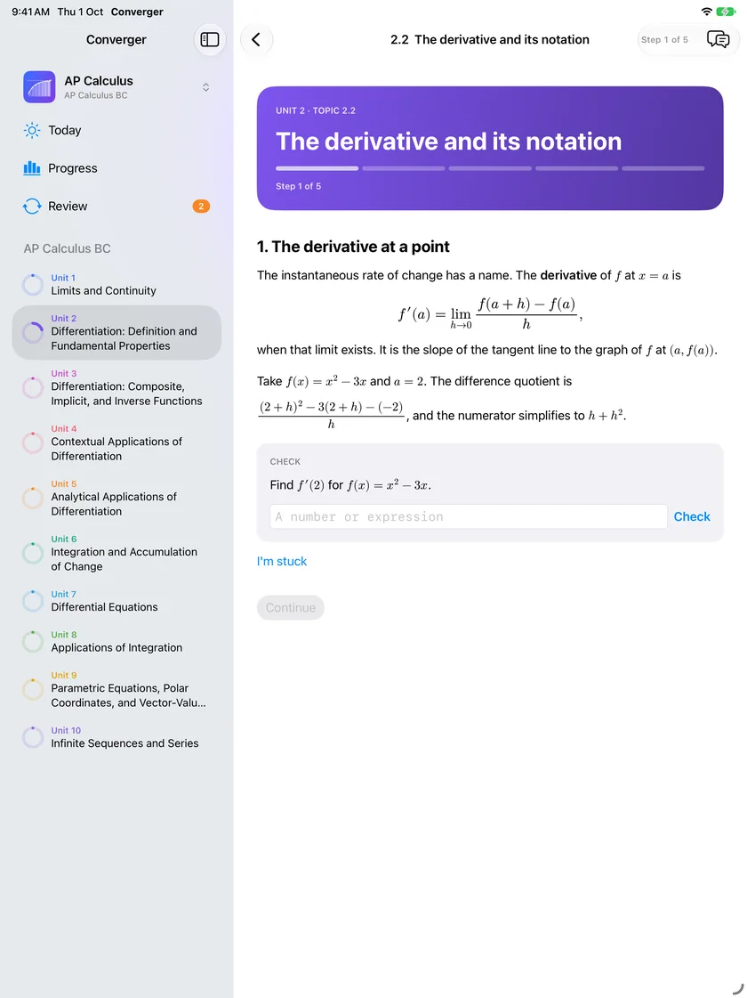 AP Calculus, The derivative and its notation: the definition of the derivative at a point, a worked difference quotient, and a check asking for f prime of 2