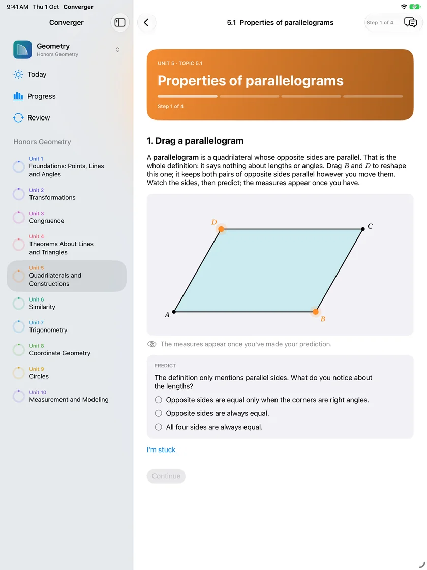 Geometry, Properties of parallelograms: a parallelogram ABCD with B and D to drag, and a prediction about its sides before the measures appear