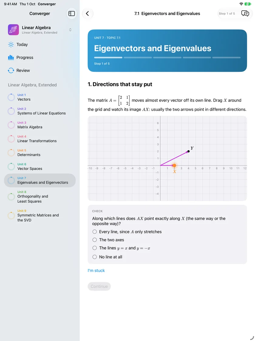 Linear Algebra, Eigenvectors and Eigenvalues: drag X around the grid and watch its image AX, then say along which lines AX points exactly along X
