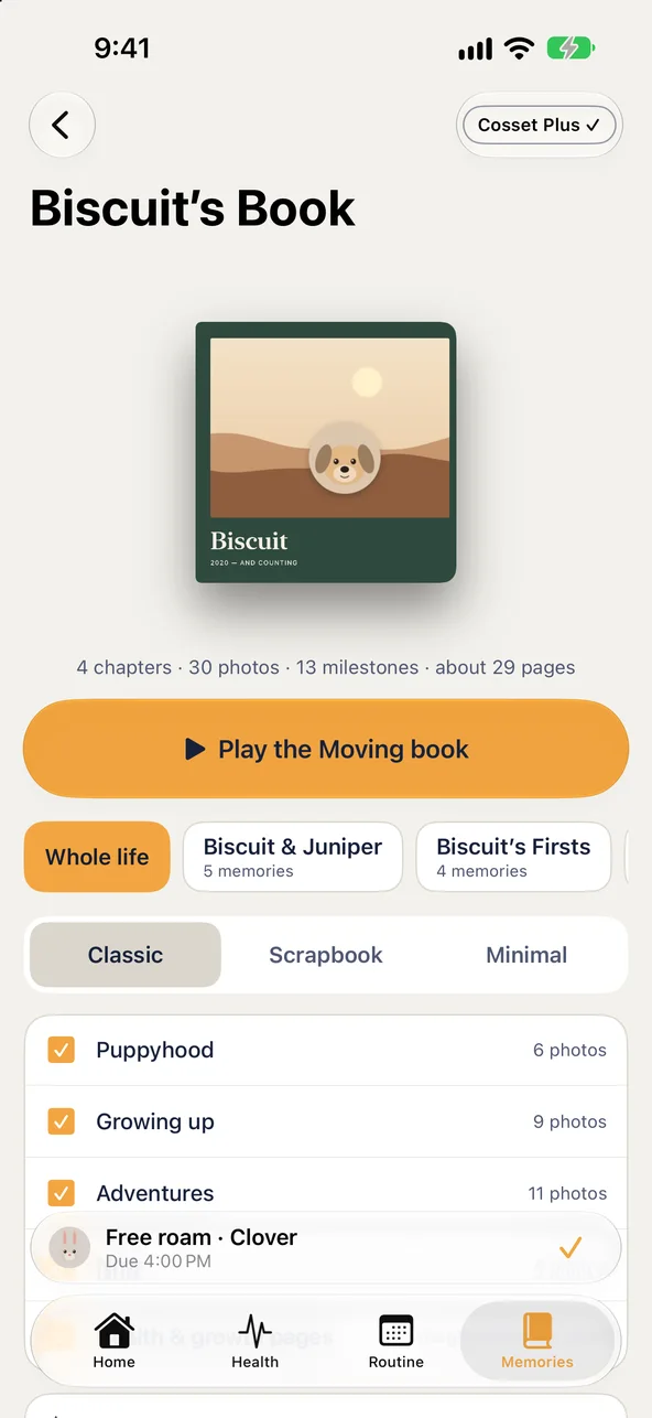 Biscuit's Book: the cover, four chapters and 30 photos, Play the Moving book, and a choice of Classic, Scrapbook or Minimal