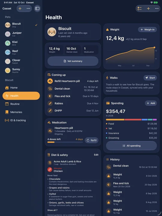 Cosset on iPad: Health in two columns, with what's coming up, medication, diet, the weight chart, spending and history