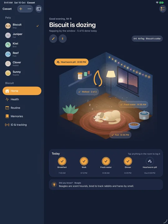 Cosset on iPad: six pets in the sidebar, Biscuit's room at dusk and today's care below it