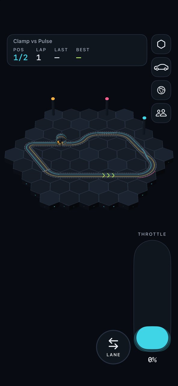 The home deck: a two-lane slot track with a loop, a crossover and boosters on a floating hexagonal deck at night, a cyan and an amber car racing, and a vertical throttle