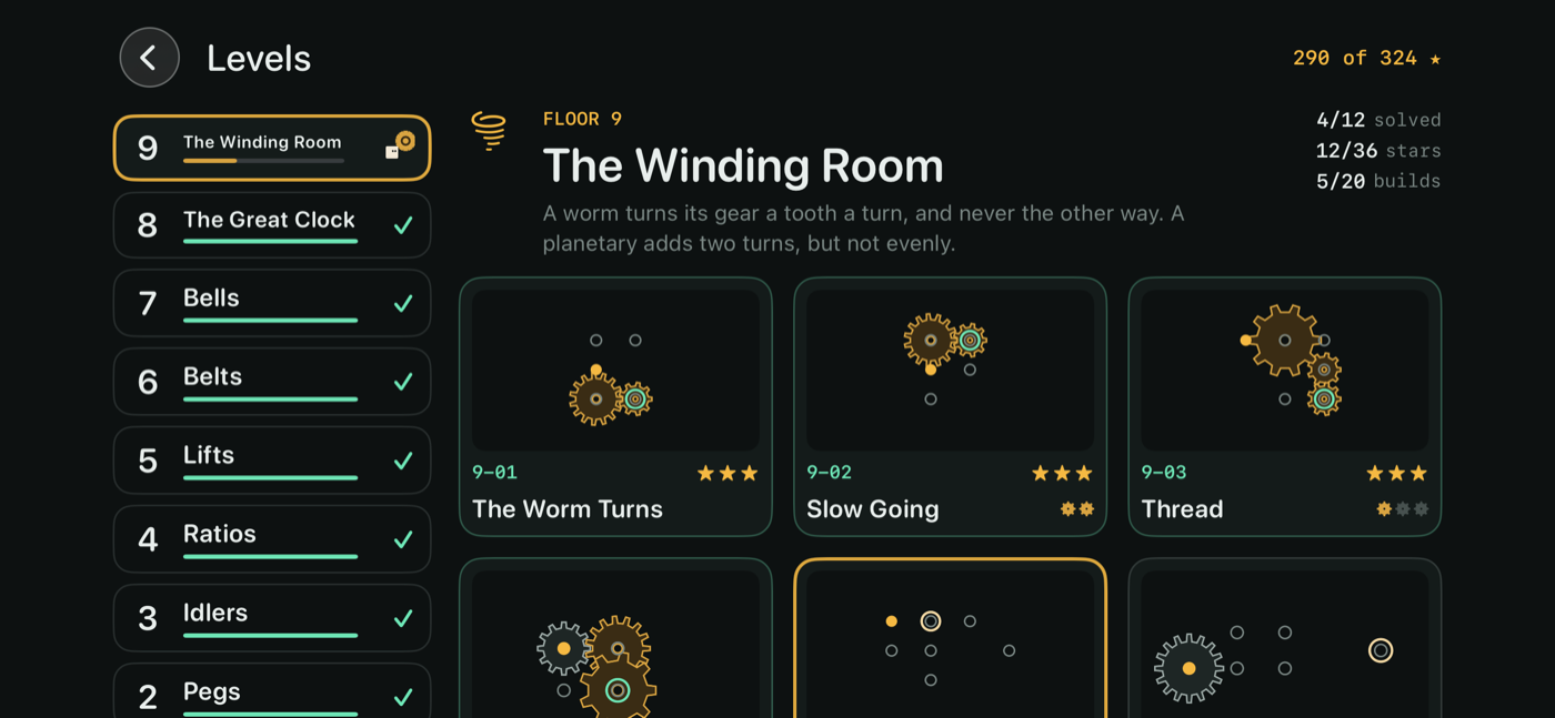 Level select: the tower's nine floors in a column, and a card for each level of the ninth drawing its board
