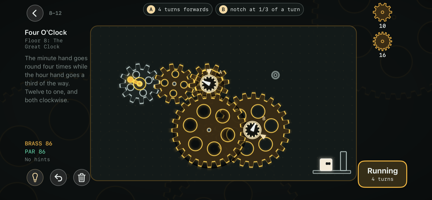 Level 8-12, Four O'Clock, running: a crank and four brass gears in a train, two dials marked A and B turning towards their marks, Milo waiting by his door