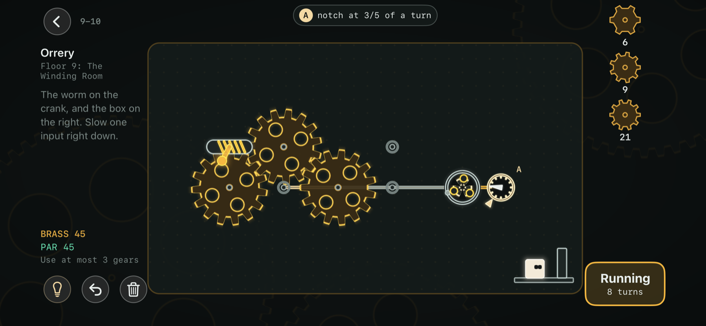 Level 9-10, Orrery: a worm screw on the crank turning a gear, and a planetary box beside it