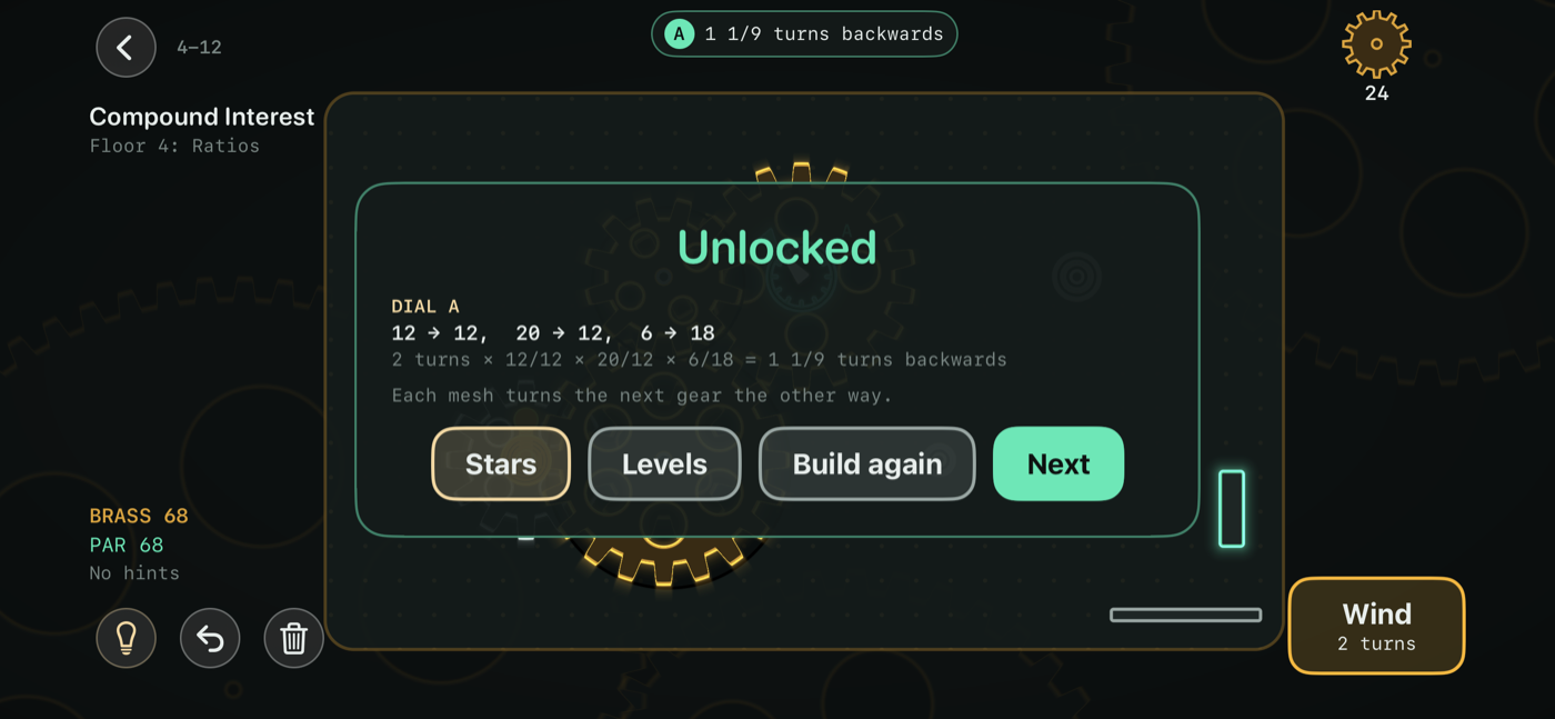 A solved level with its working shown: 2 turns × 12/12 × 20/12 × 6/18 = 1 1/9 turns backwards