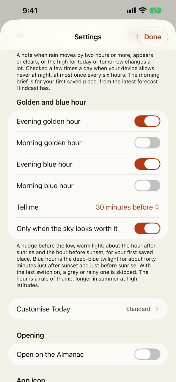 Settings: golden and blue hour switches for evening and morning, how long before, and only when the sky looks worth it