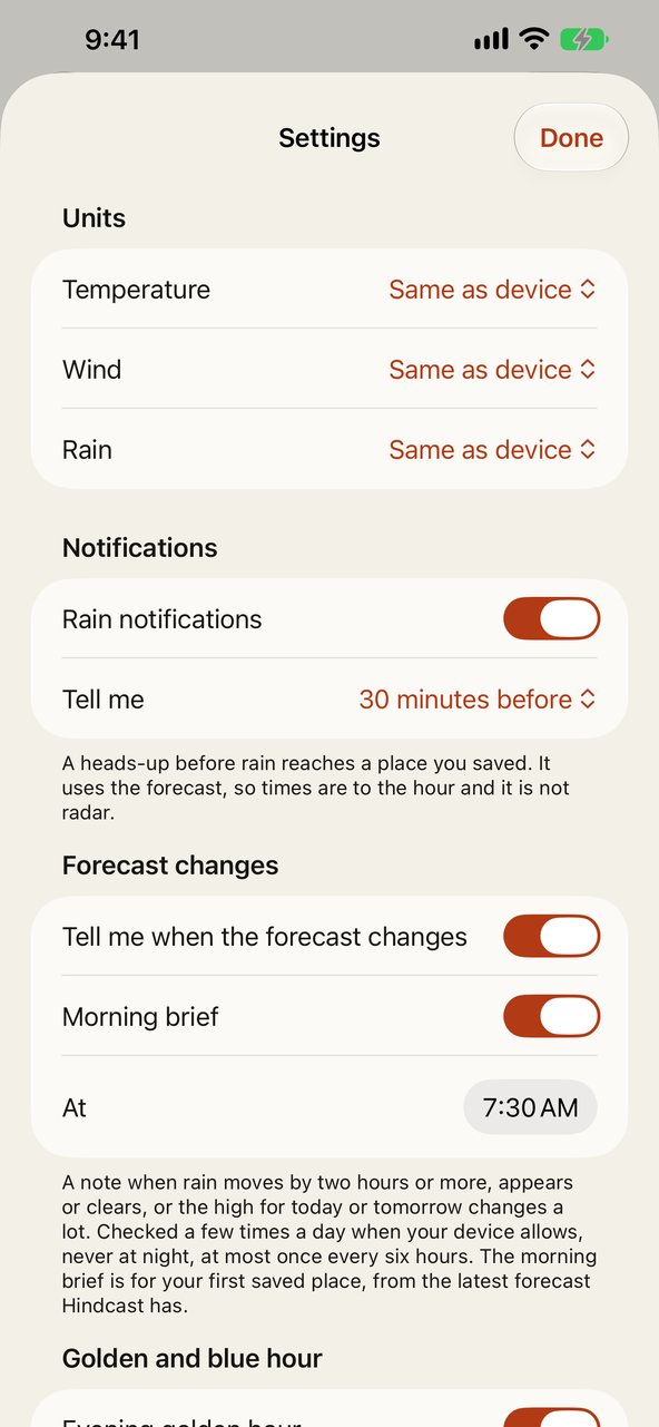 Settings: units, rain notifications with a lead time, forecast changes and a morning brief