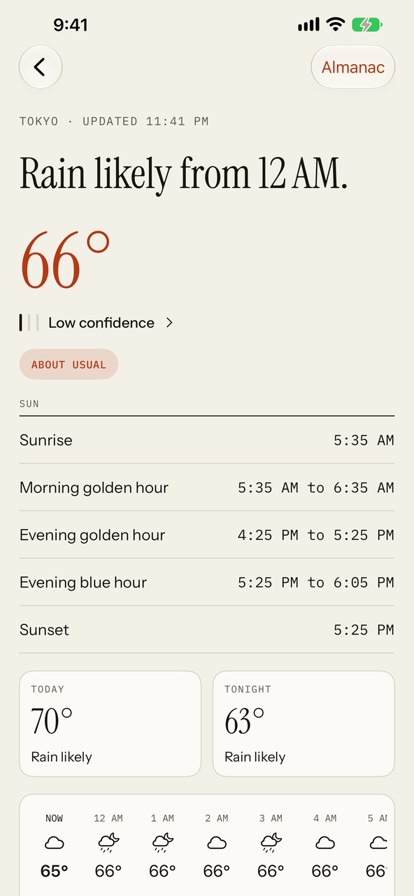 Today with the sun card first, listing sunrise, morning and evening golden hour, evening blue hour and sunset, then Today and Tonight