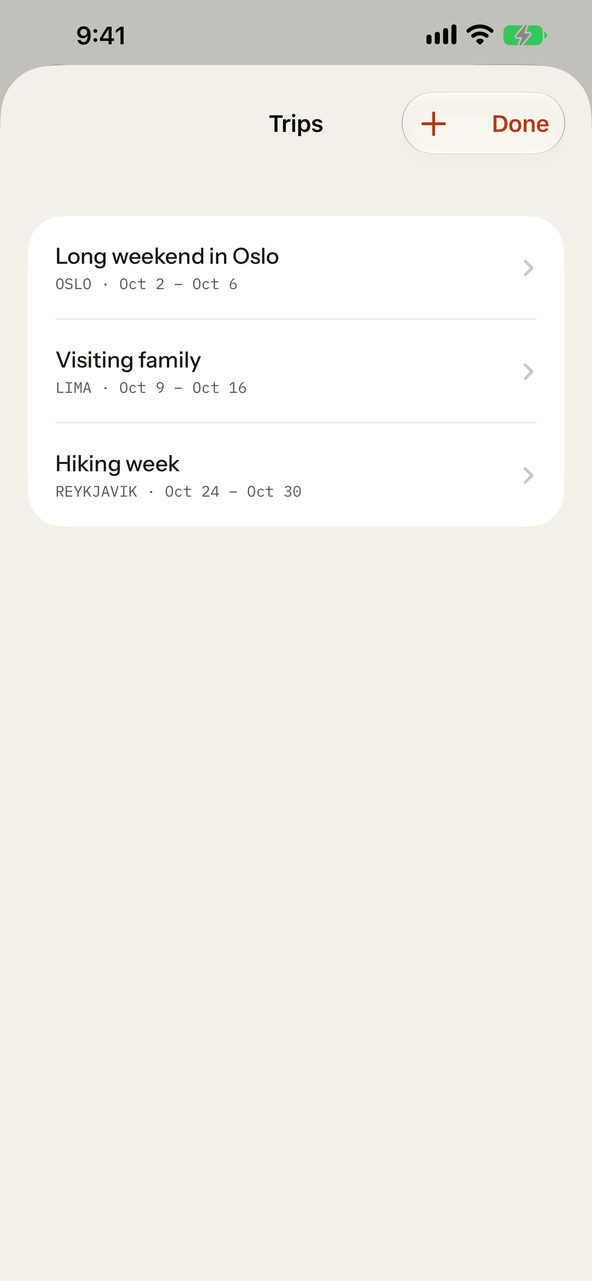 Trips: three upcoming trips, Long weekend in Oslo, Visiting family in Lima and Hiking week in Reykjavik, with their dates