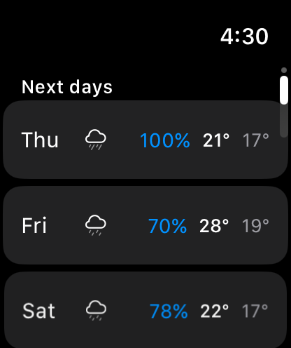 The Watch app's next days: Thursday 100% 21 and 17 degrees, Friday 70% 28 and 19, Saturday 78% 22 and 17