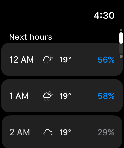 The Watch app's next hours: 12 AM 19 degrees 56%, 1 AM 19 degrees 58%, 2 AM 19 degrees 29%