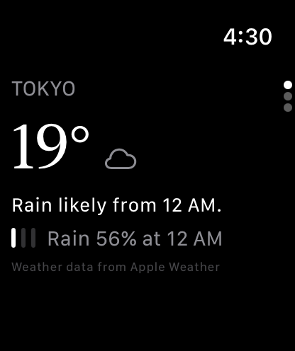 The Hindcast Watch app: Tokyo, 19 degrees, Rain likely from 12 AM, three confidence marks and Rain 56% at 12 AM