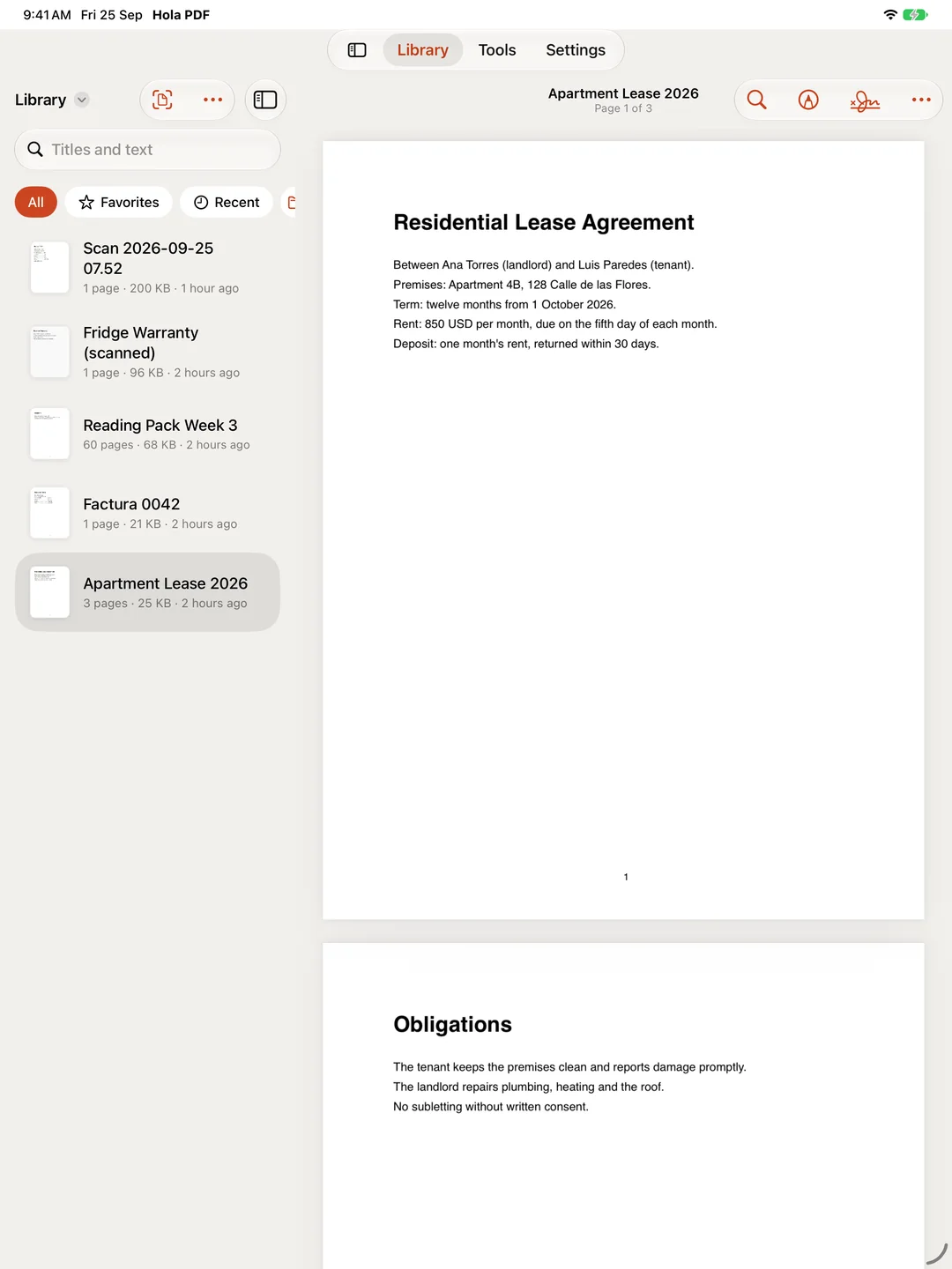 Hola PDF on iPad: the library on the left and a residential lease open on the right
