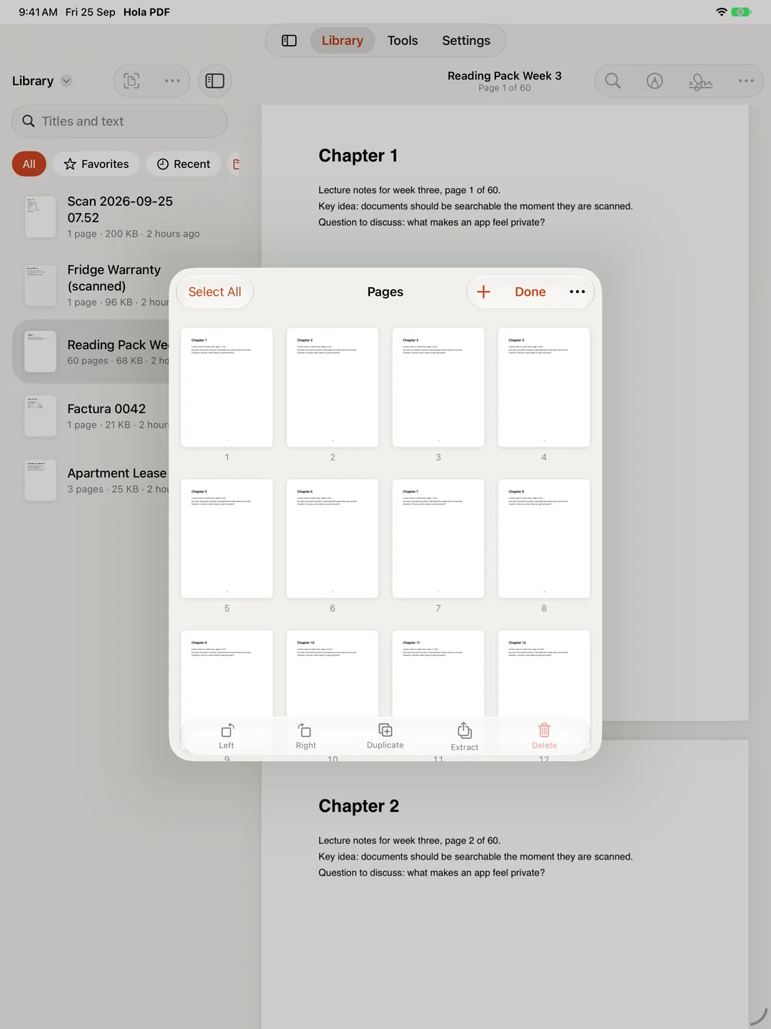 Organize Pages on iPad: a sixty-page reading pack as a grid of pages, with Left, Right, Duplicate, Extract and Delete below