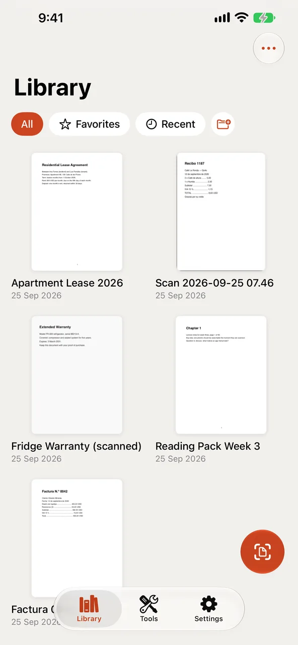 Hola PDF's library on iPhone: a lease, a receipt, a warranty, a reading pack and an invoice as page thumbnails, with All, Favorites and Recent above them and the Scan button below