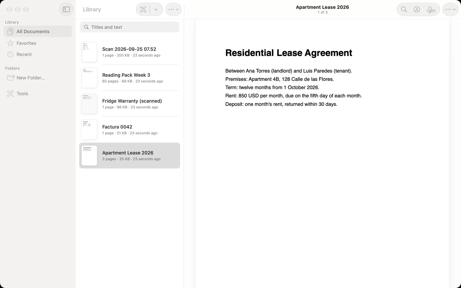 Hola PDF on the Mac: the sidebar, the list of documents with a lease selected, and the lease open beside them with its title and page count above