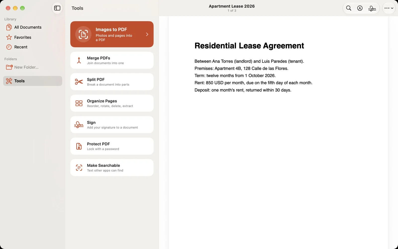 Tools on the Mac: Images to PDF, Merge, Split, Organize Pages, Sign, Protect and Make Searchable beside the open lease