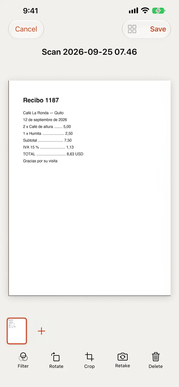 Reviewing a new scan of a café receipt, with Filter, Rotate, Crop, Retake and Delete below it