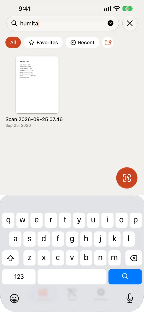 The library search finding a scanned receipt by a word printed on it