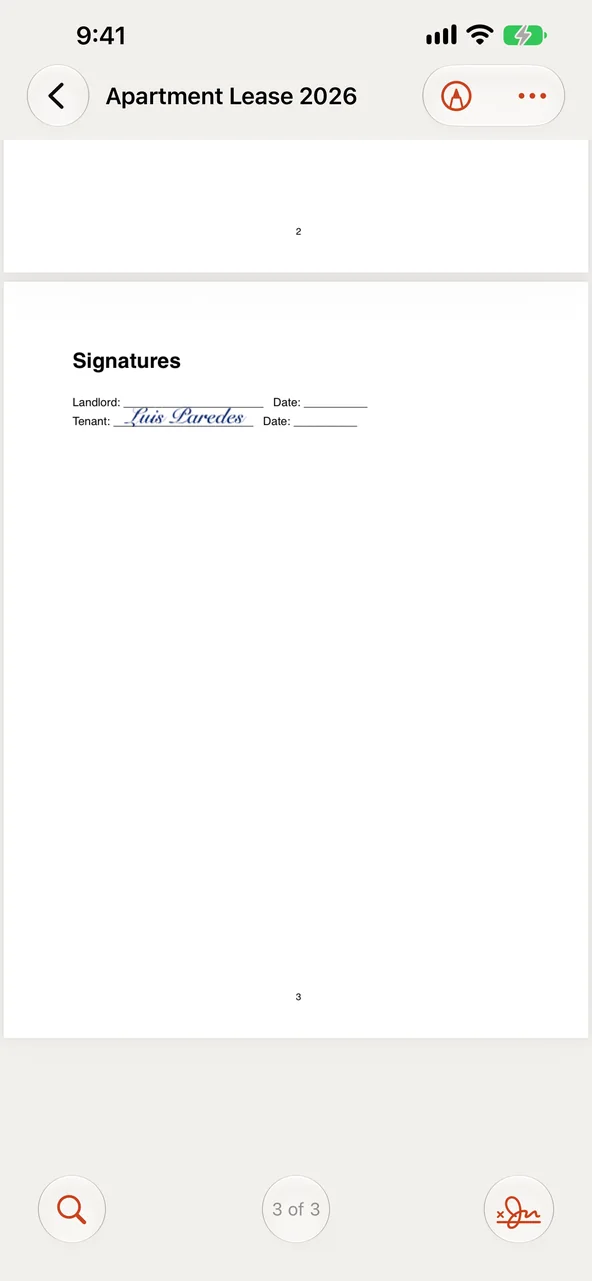The signature page of a lease, signed on the tenant's line, with Find, the page number and Sign at the bottom