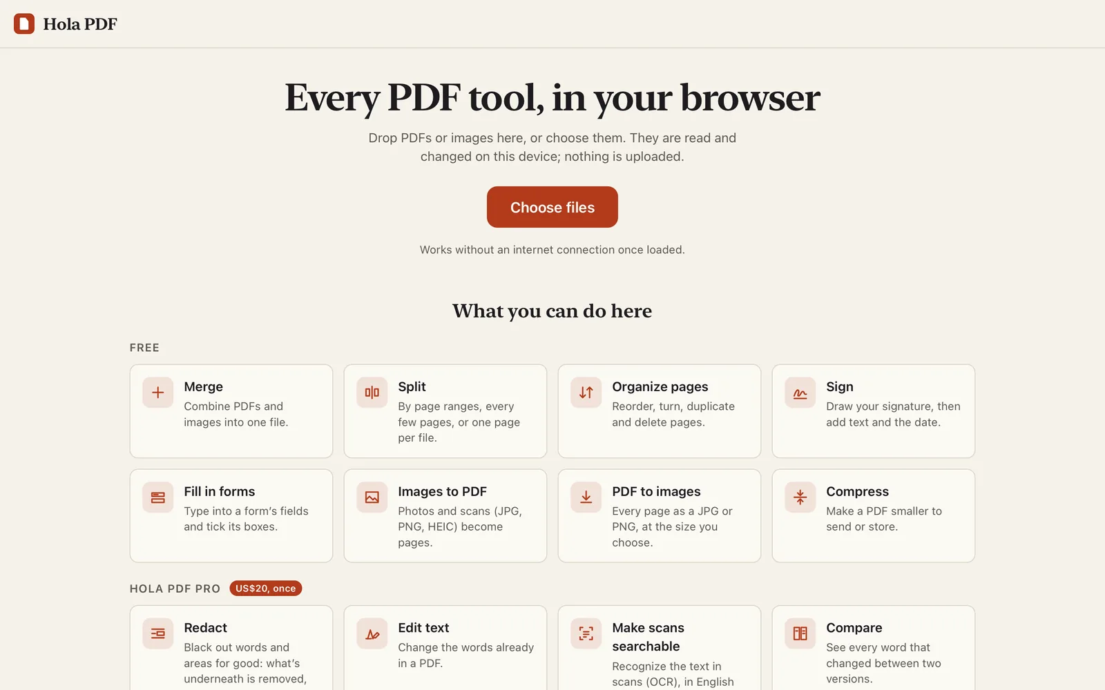 holapdf.app in a browser: Every PDF tool, in your browser, a Choose files button, and cards for the free tools and the Pro ones