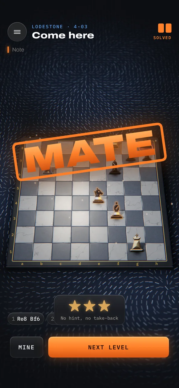 Level 4-03 solved: a MATE stamp over the board, three stars, no hint, no take-back