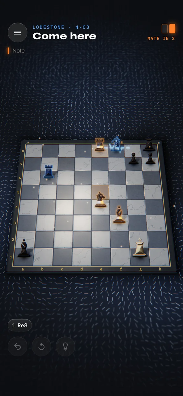 Level 4-03, Come here: White's lodestone rook has landed on e8, and Black's iron knight is pulled along the rank beside it, glowing blue
