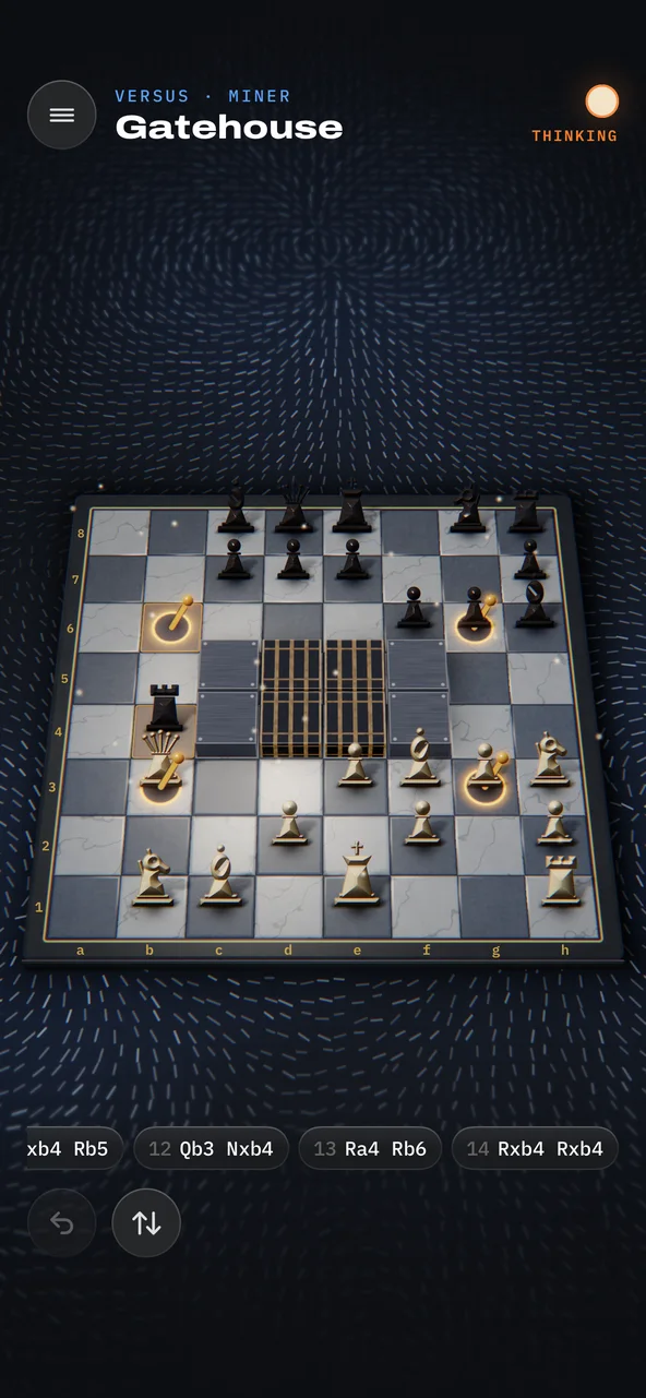 Versus on Gatehouse: a whole game against the engine at Miner strength, with a gate of iron bars across the middle of the board