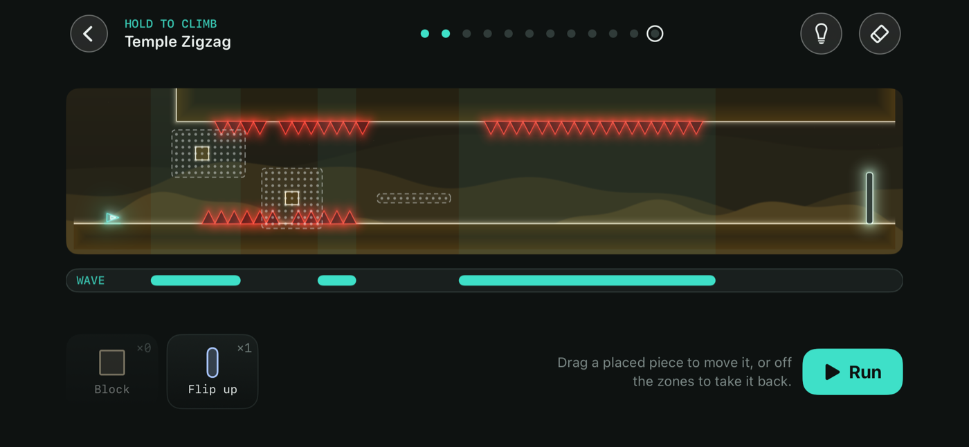 A wave puzzle mid-build: two blocks placed in dotted zones under hanging spikes, a flip portal still in the tray, and the tape's three held stretches drawn under the level