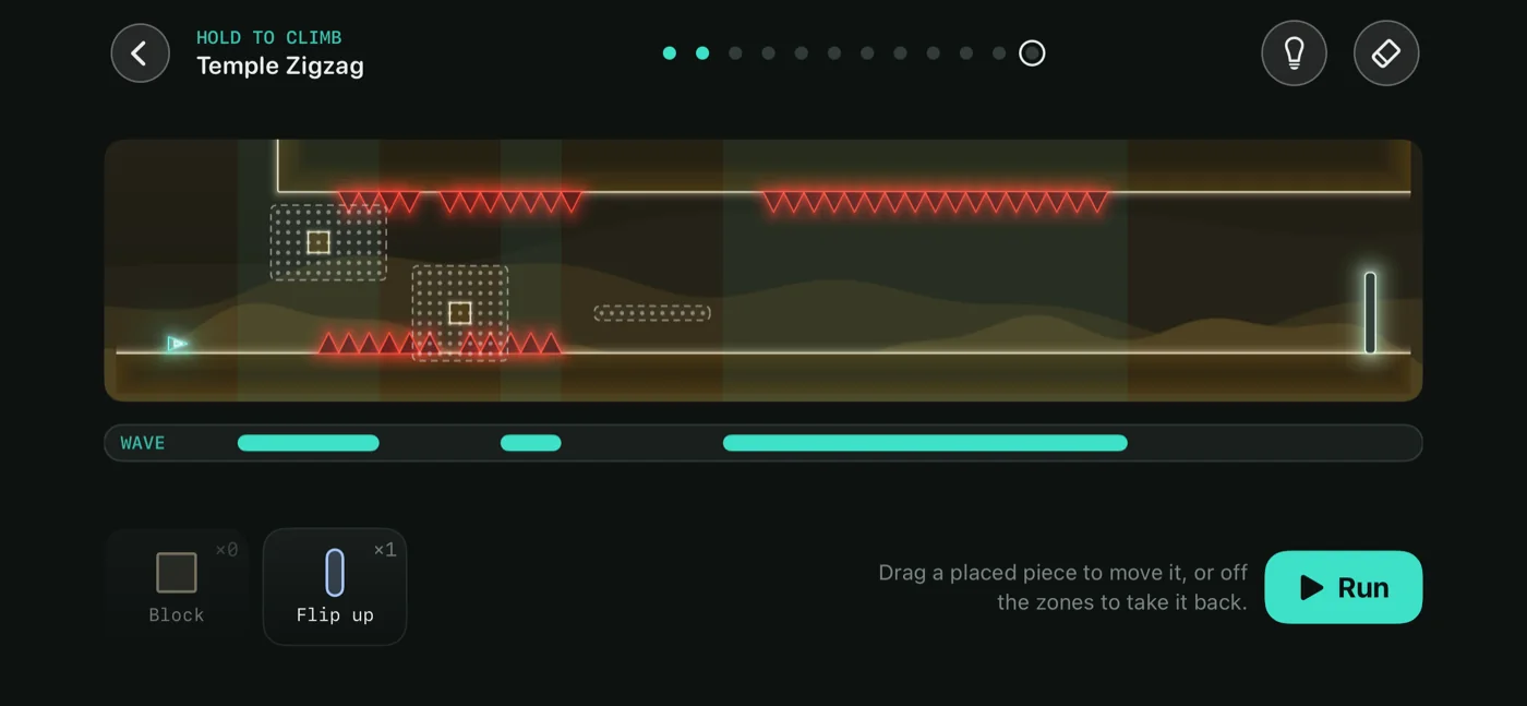A wave puzzle mid-build: two blocks placed in dotted zones under hanging spikes, a flip portal still in the tray, and the tape's three held stretches drawn under the level