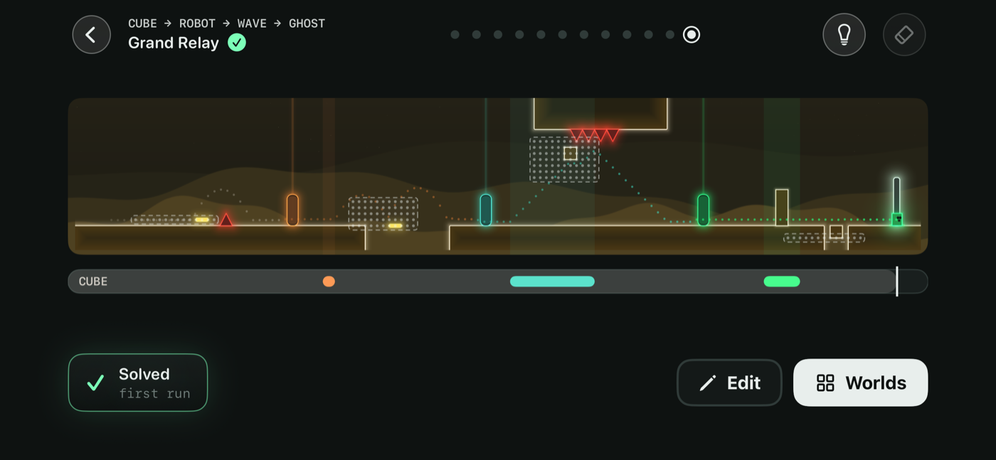 The Grand Relay solved: a cube, a robot, a wave and a ghost handing one tape on through portals fixed in the level