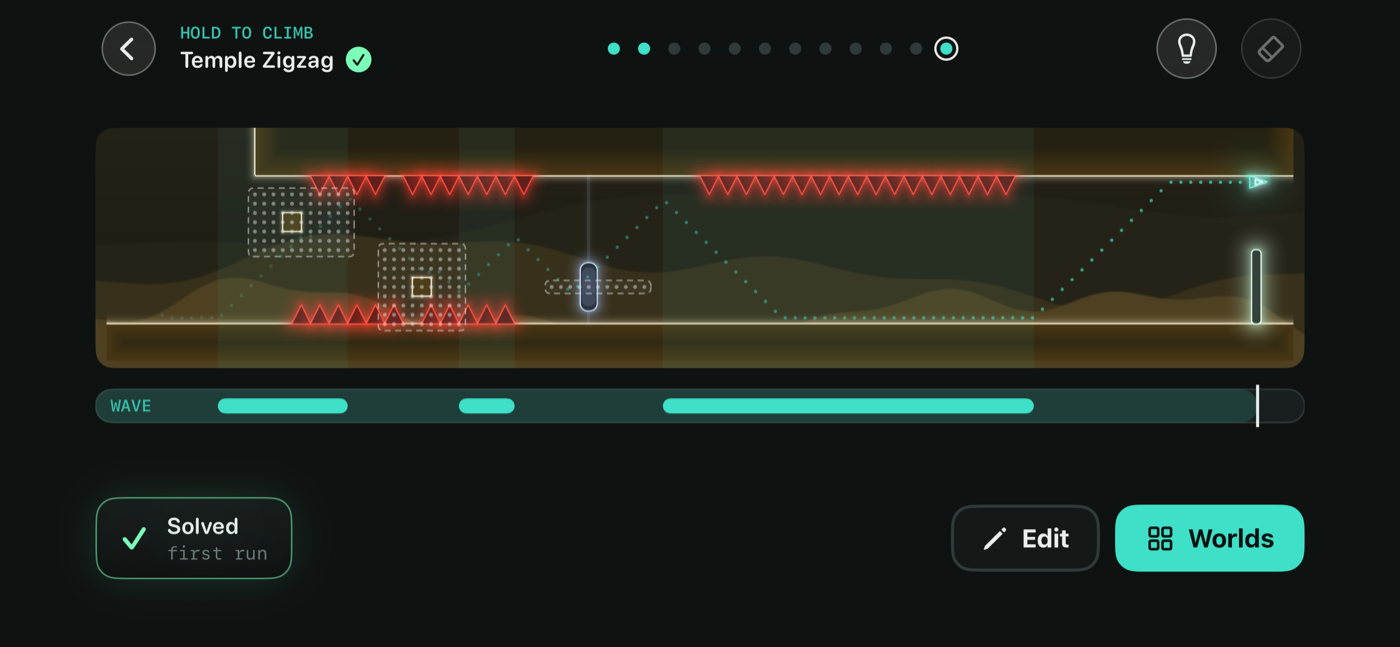 The wave puzzle solved: its zigzag drawn across the level under the lid, along the shelf and upside down past the last spikes