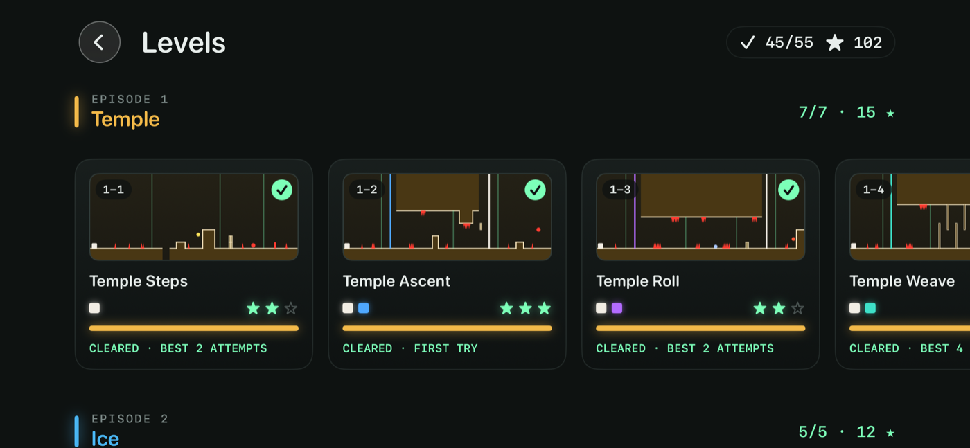 The level hub: episodes in rows, each level a card drawing its own map, with the last two episodes dimmed and locked