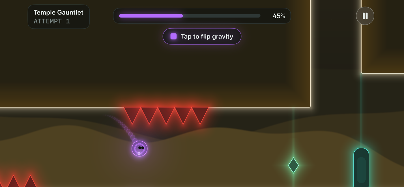 The cube running a Temple level, spikes ahead and a checkpoint diamond beyond them