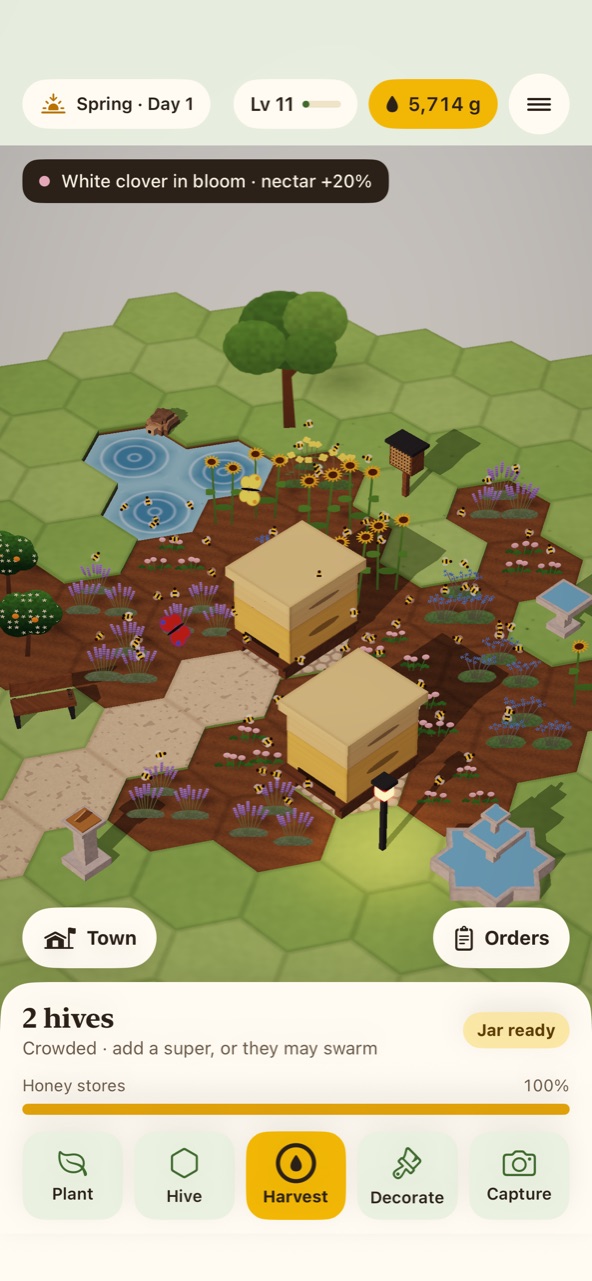 Two honey-coloured hives in a hexagonal garden at evening, beds of lavender, clover, borage and sunflowers around them, bees in the air, a pond, a tree, lanterns, a bench and a fountain