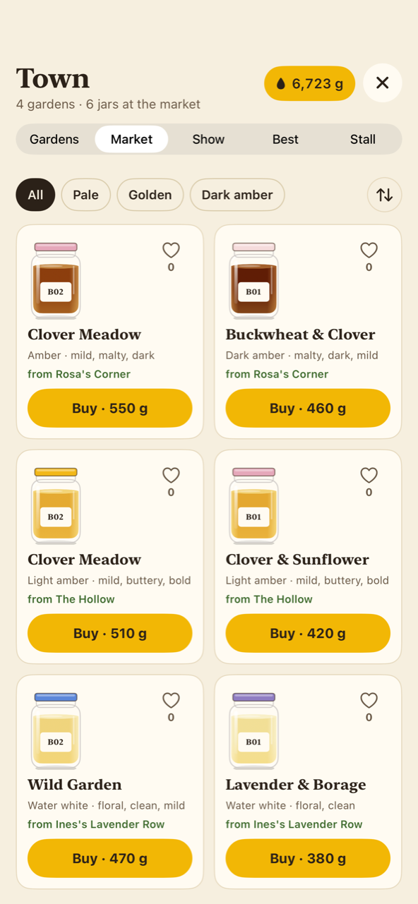 The town market: six jars from three gardens, from dark amber to water white, each with its price