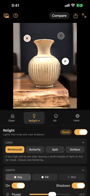 Relight on a ceramic vase, with the key, fill and rim lights marked K, F and R and the Rembrandt look chosen