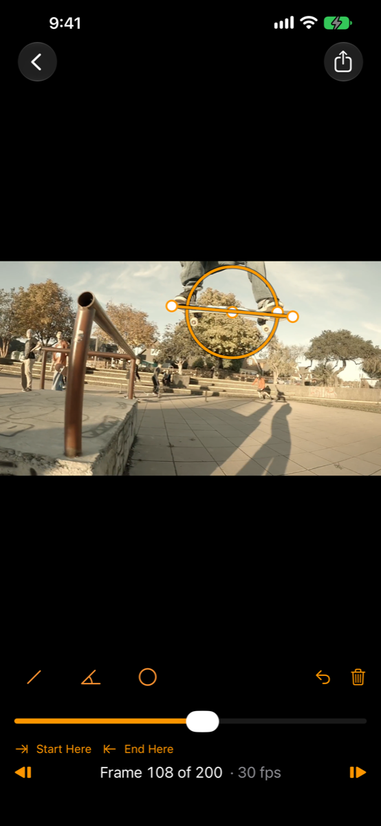 The board over the rail at frame 108, with a circle around it and a level line along it